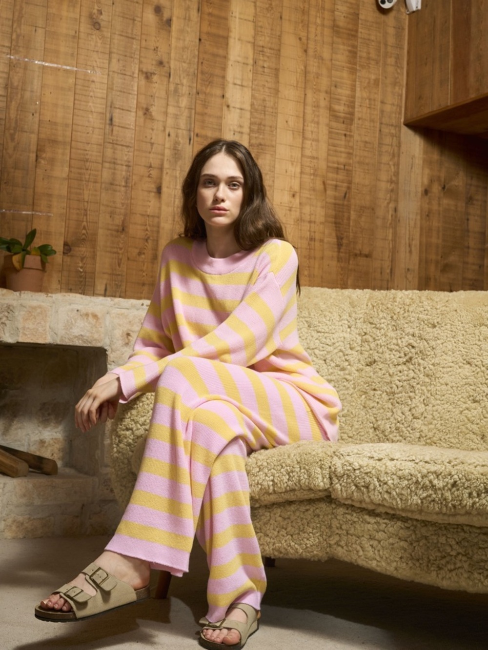 Pink Yellow Striped Knit Lounge Set – Matching Sweater & Pants – Size Small